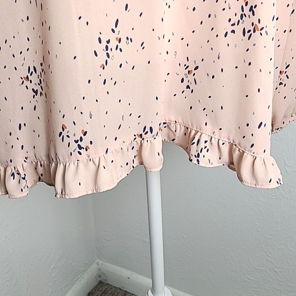 a.n.a. Light Pink Blouse, Splashes of Navy, Lace-up Neckline/Ruffles, Sz Large - Picture 5 of 11